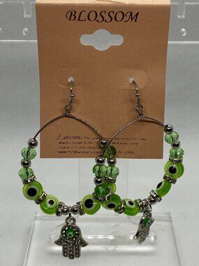 3For$20 Blossom Green Evil Eye Hamsa Protection Hoop Earrings New